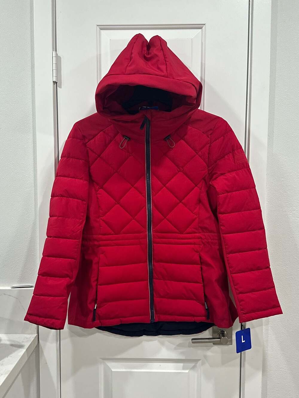 Nautica Women's Red Mixed Quilted Hooded Puffer Jacket, Size L